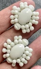 Vintage Signed West Germany 1” Milk Glass Flower Beaded Screw Back Earrings