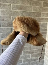 Vintage Russian Fur Hat Ushanka Sheepskin Fur Suede Brown genuine fur