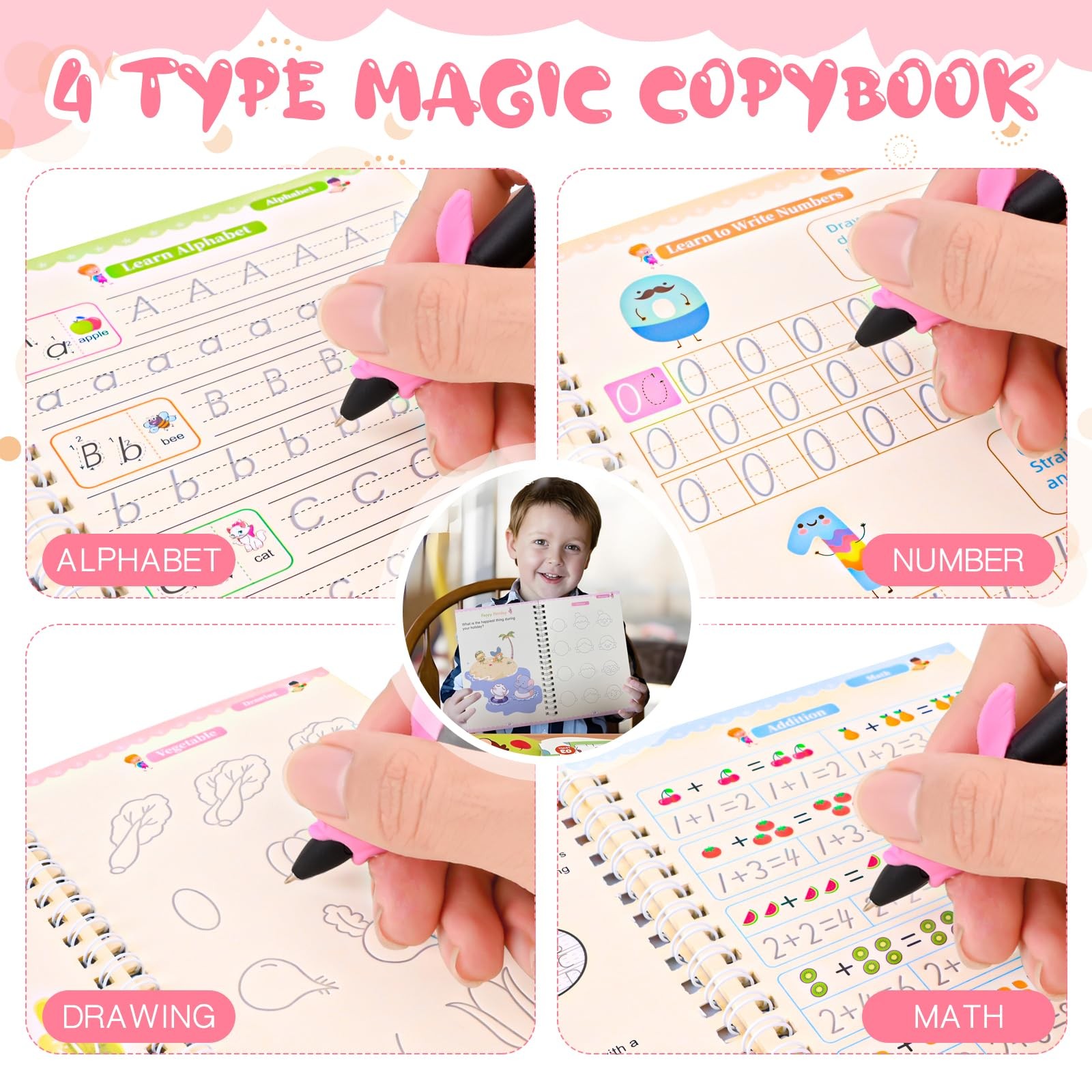 DTREEL Magic Grooved Writing Book 4Pc + Pen | Reusable Practice for Kids 3-8