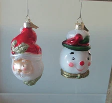 Vintage 2pc SANTA CLAUS & SNOWMAN HEADS Glass CHRISTMAS Ornament Lot (#4