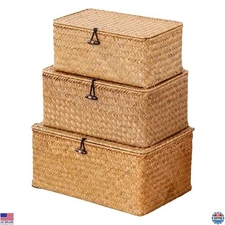 Nonam Set of 3 Handwoven Seagrass Bins with Lids - Rectangular Storage Baskets