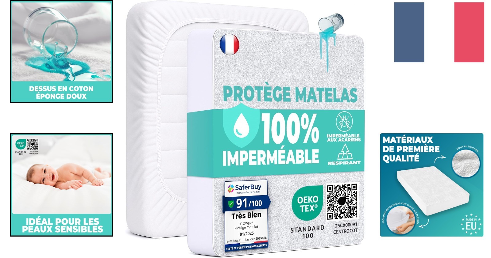 Protège-matelas bébé 60x120 cm imperméable et lavable en coton blanc Flowen