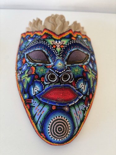 Vintage c.1980’s Mexican Huichol Indian wood BEADED MASK EUC LG 12” - Bild 3 von 7