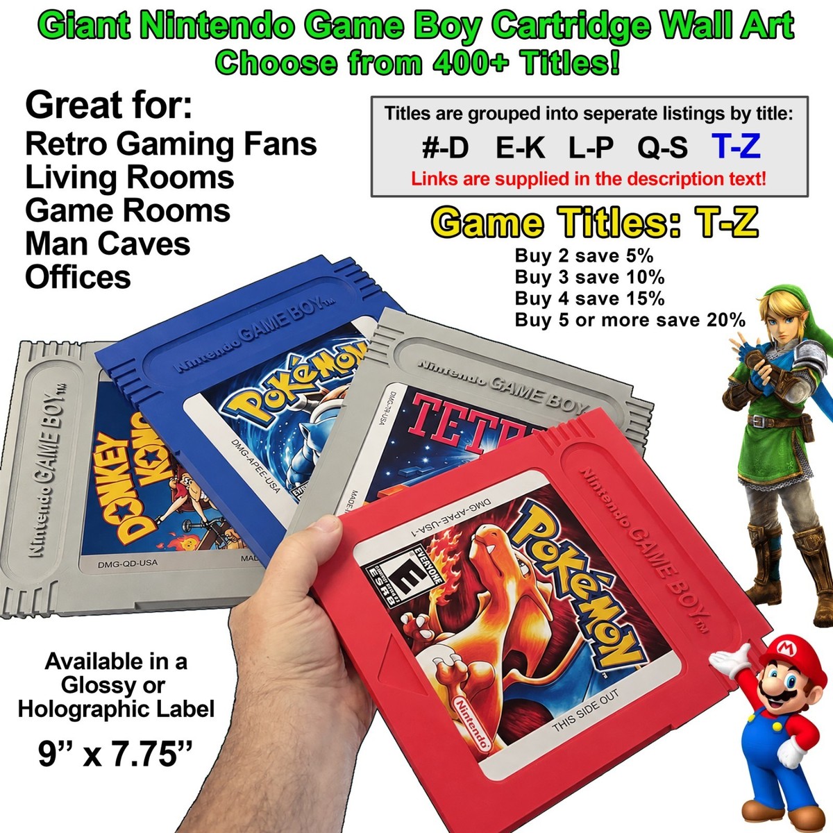 Nintendo NES Giant 8x9" Game Boy Cartridge Hangable Wall Art - 400+ Titles (T-Z)