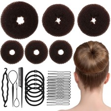 Hair Bun Maker Set - 6 PCS Ring Style Donuts 1 L, 2 M, 3 35 Piece Set, Brown