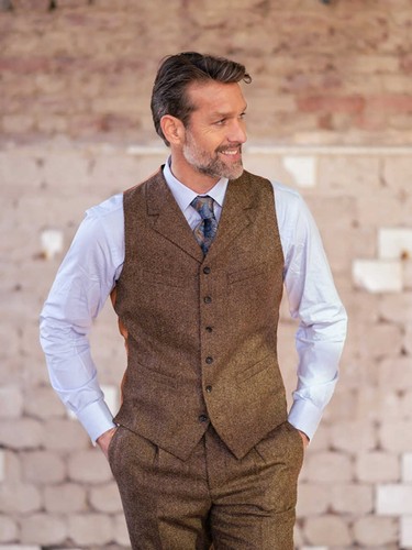 Men's Suits Herringbone Jacket Brown Notch Lapel Single Breasted Formal Business - Picture 4 of 11