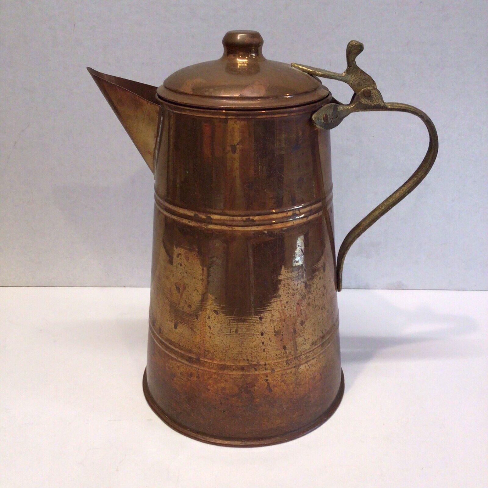 Vintage Solid Copper Coffee Pot 10” Tall Brass Handle French Inspired