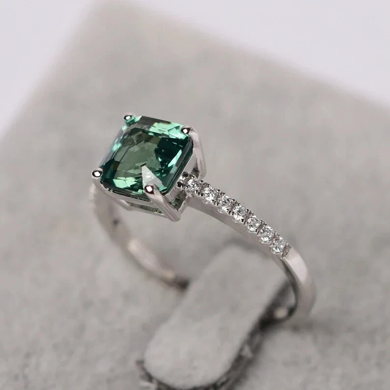 Anillo de compromiso Asscher corte 7x7 mm zafiro verde, anillo nupcial Foto 2 de 3