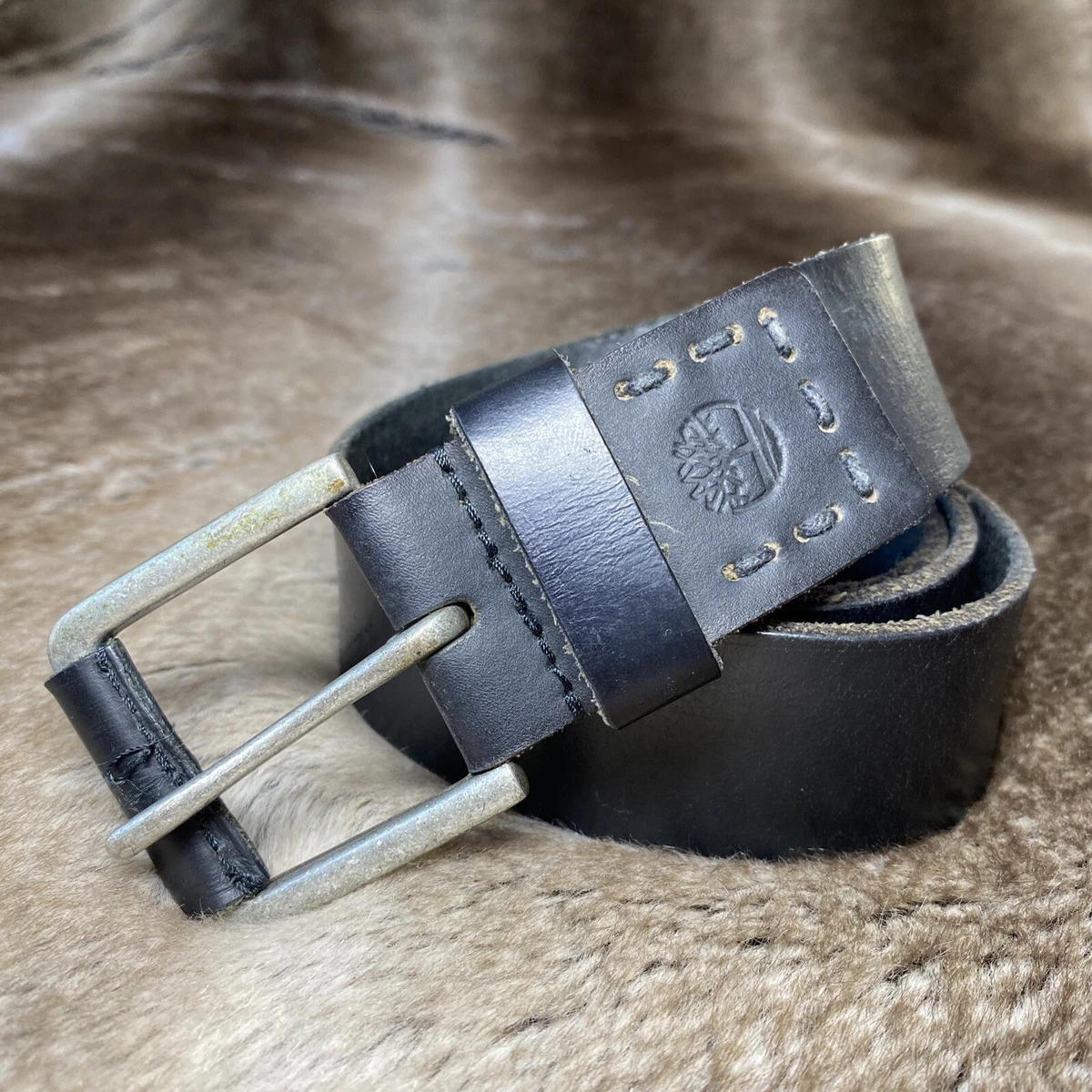 Timberland Belt Mens 34 Black Leather Silver Tone Square Buckle