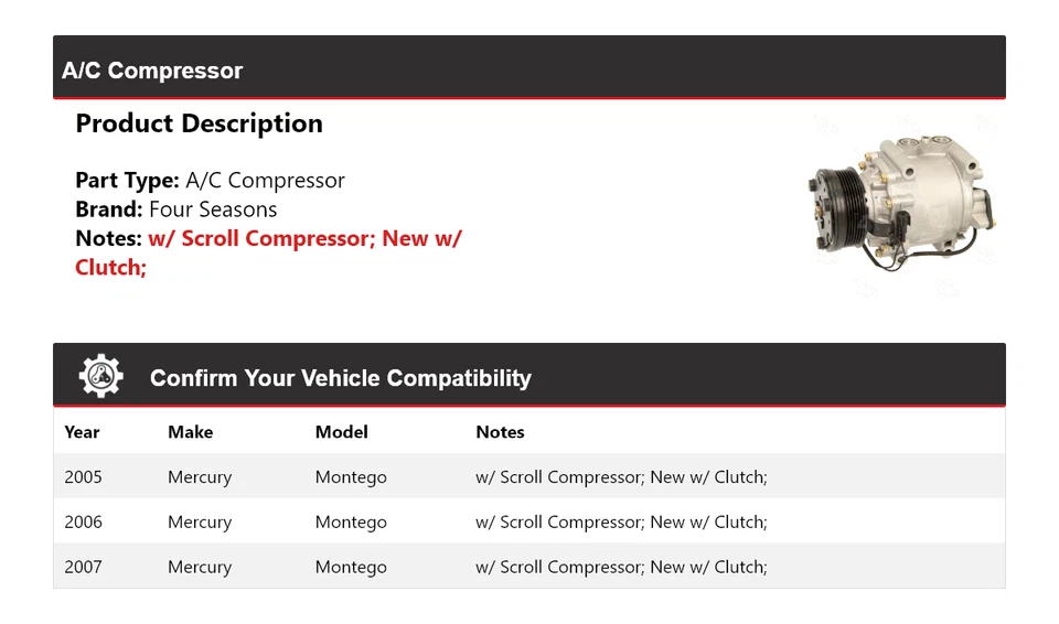 Compresor de aire acondicionado Mercury Montego 2005-2007 4 estaciones 2006 Foto 2 de 4