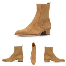 Men's Pointy Toe Pull on Cuban Heel dress Genuine Leather Chelsea Boots Shoes