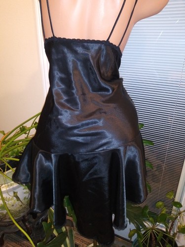 Vtg Satin Oily Frilly Wet Jet Black Ruffle Gown Babydoll Shorty Nightgown Gown S - 第 2/7 張圖片