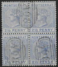 Montserrat 1884-85 2.5d Inverted Watermark SG10w Fine Used Block - BPA Cert