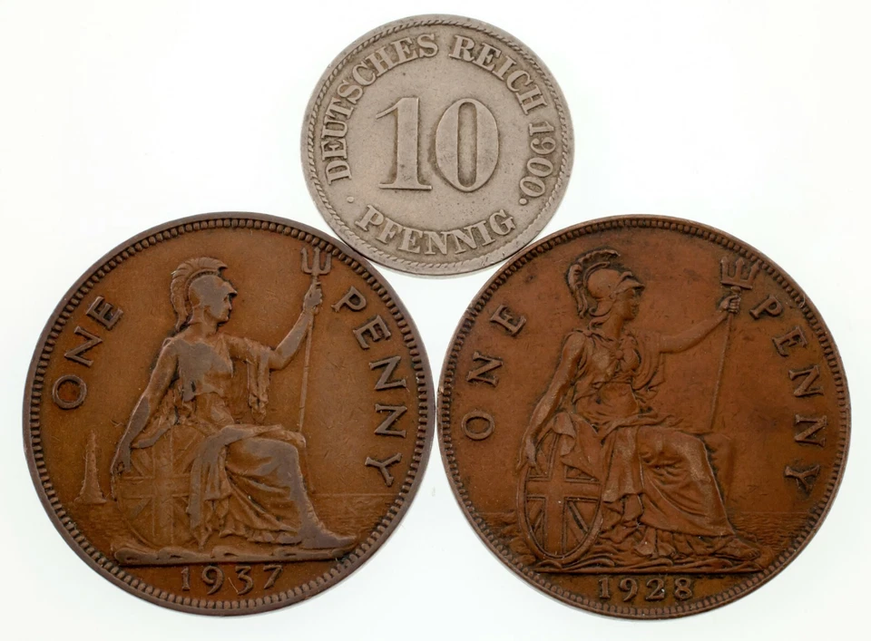 Lot of 3 Coins Germany 1900 10 Pfennig and Great Britain 1 Penny (2 Coins) XF - Image 3 of 3