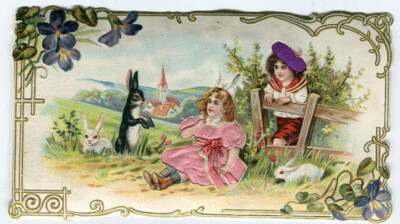 Oblaten scrap die cut chromo Prägekarte Seide Kinder Hase 12,4 cm