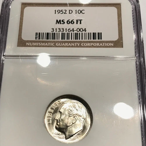  1952 D   ROOSEVELT DIME  NGC  MS 66  FT   (FB FULL TORCH BAND)    BRIGHT   X14