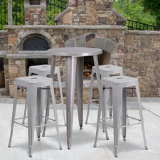 24'' Round Silver Metal Indoor-Outdoor Restaurant Bar Table Set w/4 Barstools