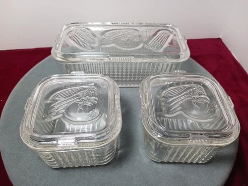 VTG FEDERAL GLASS CO. REFRIDGERATOR GLASS DISHES SET WITH EMBOSSED VEGGIES 6PCS