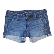 American Eagle Stretch Denim Shorts Womens 2 Medium Wash Low Rise Raw Hem Cutoff