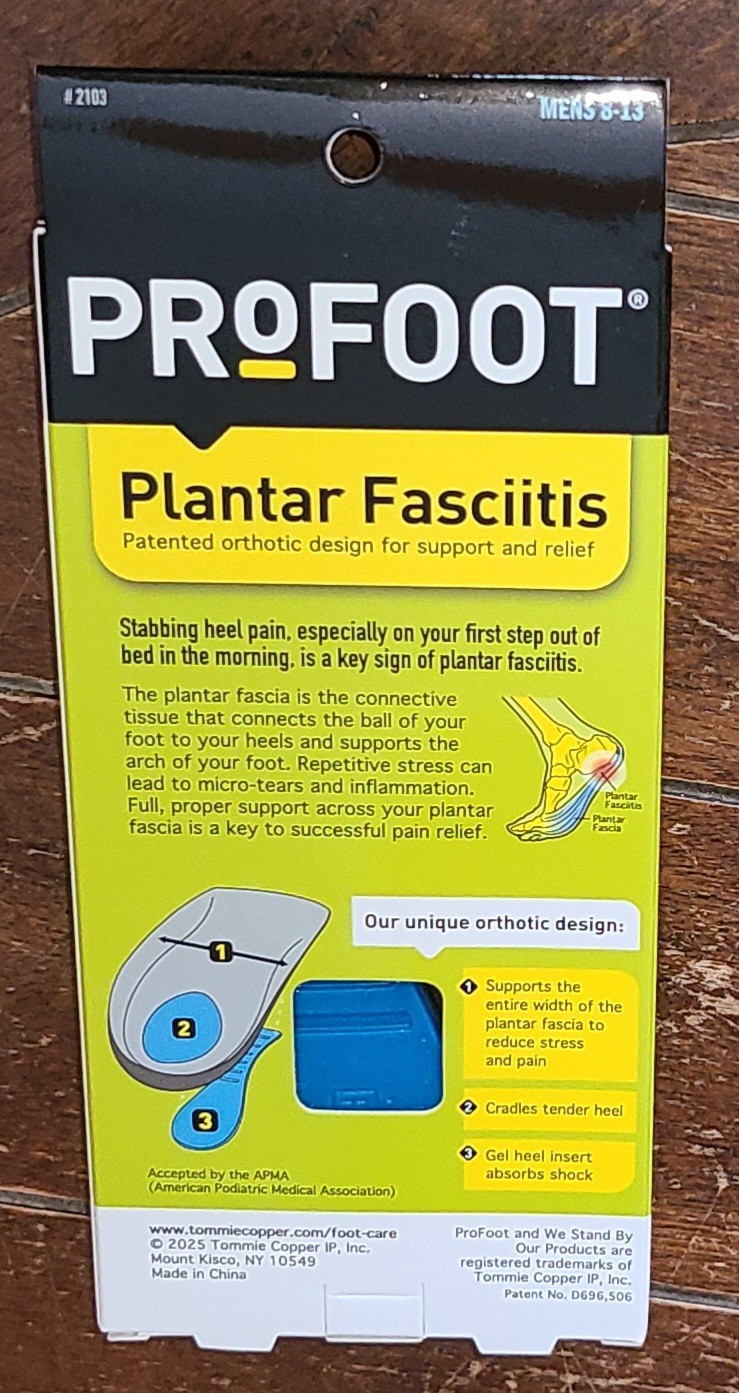 1 Pair of ProFoot (Men's 8-13) Plantar Fasciitis Orthotics #2103