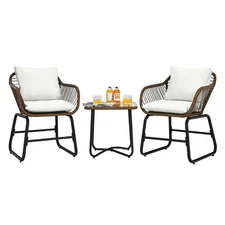 Patiojoy Outdoor 3PCS Rattan Bistro Set Cushioned Chair Glass Table Deck White