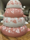 Pyrex Pink, White Gooseberry 4 Bowl Cinderella Nesting Set, #441, 442, 443, 444.