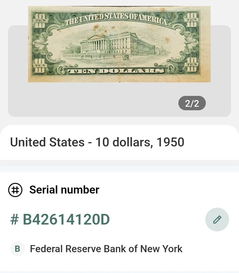 1950 a $10 New York Federal Reserve Note Green Seal! Interesting Cut, Rare! - Image 2 of 4