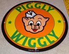 VINTAGE "PIGGLY WIGGLY GROCERY STORE" 11 3/4" PORCELAIN METAL PIG, GASOLINE SIGN