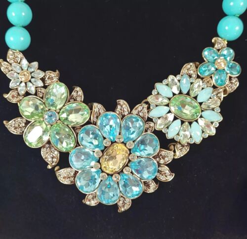 Heidi Daus Glorious Garden Swarovski Crystal Necklace Floral Turquoise Tone Vtg - Picture 1 of 21