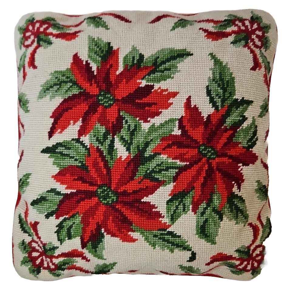 VTG Needlepoint Christmas Throw Pillow Red Poinsettias W/Red Velvet Back 13.5" eBay