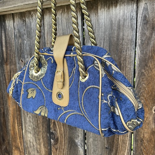 🍸👡 Vintage y2k deadstock Blue Gold baroque whimsical handbag - Picture 7 of 10