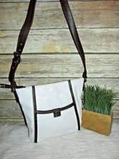 Stone Mountain White Pebbled Leather Brown Trim Purse Shoulder Bag Satchel Tote