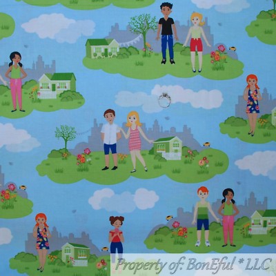 BonEful Fabric FQ Cotton Quilt Blue Sky Cloud Green Grass Scenic Girl Paper Doll