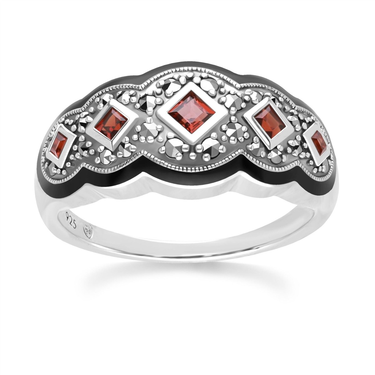 Art Deco Style Square Garnet Five Stone and Marcasite Ring in 