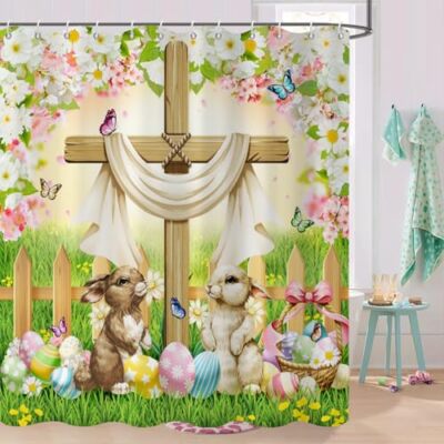 Easter Shower Curtain, Funny Rabbit 72''W x 72''L (Pack of 1) Easter Rabbit Cross