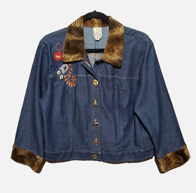 Vintage F L Malik L Jacket Blazer Jean Denim Embroidered Indie Artsy Boho Retro