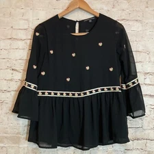 Harlowe & Graham Top Womens Small Black Peasant Bell Sleeve Floral Embroidered