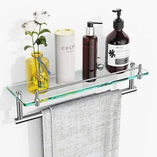 Bathroom Towel Rack Glass Shelf With Bar 16-inches Chrome Polished Shelves
