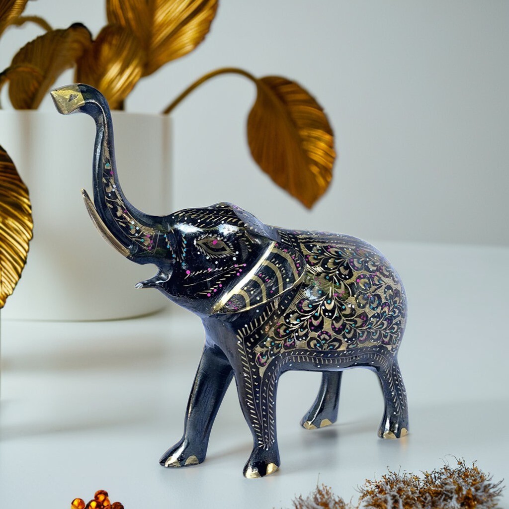 Handmade Engraved Metal Elephant Statue – Artisan Home Décor Accent ...