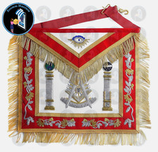Masonic Past Master Red Apron With J B Silver Golden Pillars Hand Embroidered.