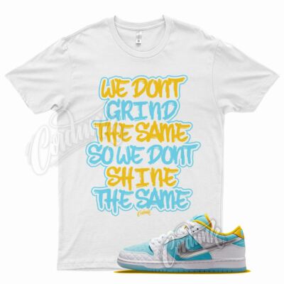 White GRIND T Shirt for FTC x N SB Dunk Low Blue Yellow