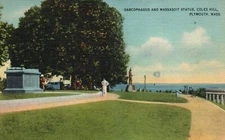 Postcard MA Plymouth Sarcophagus and Massasoit Statue Linen Vintage PC L7429