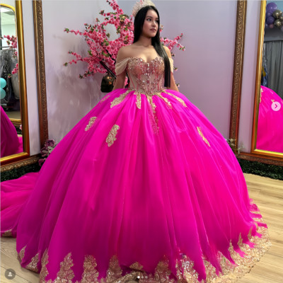 Princess Quinceanera Dresses Gold Lace Off the Shoulder Hot Pink Ball Gowns  | eBay