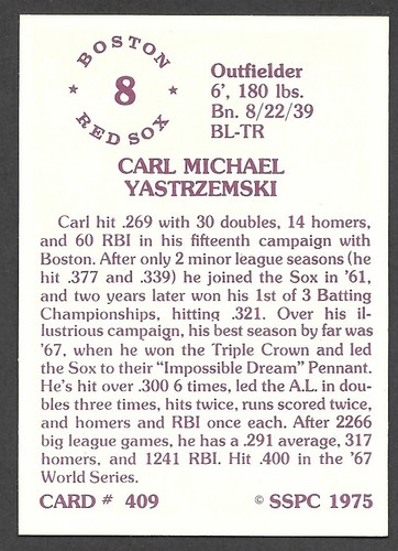 1975-1976 SSPC #409 Carl Yastrzemski BOSTON RED SOX NM-MINT A - Picture 2 of 2