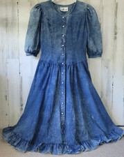 Denim Dress Cottage Core Granny Vtg 80s 90s Med Swing Distressed Y2K Grunge