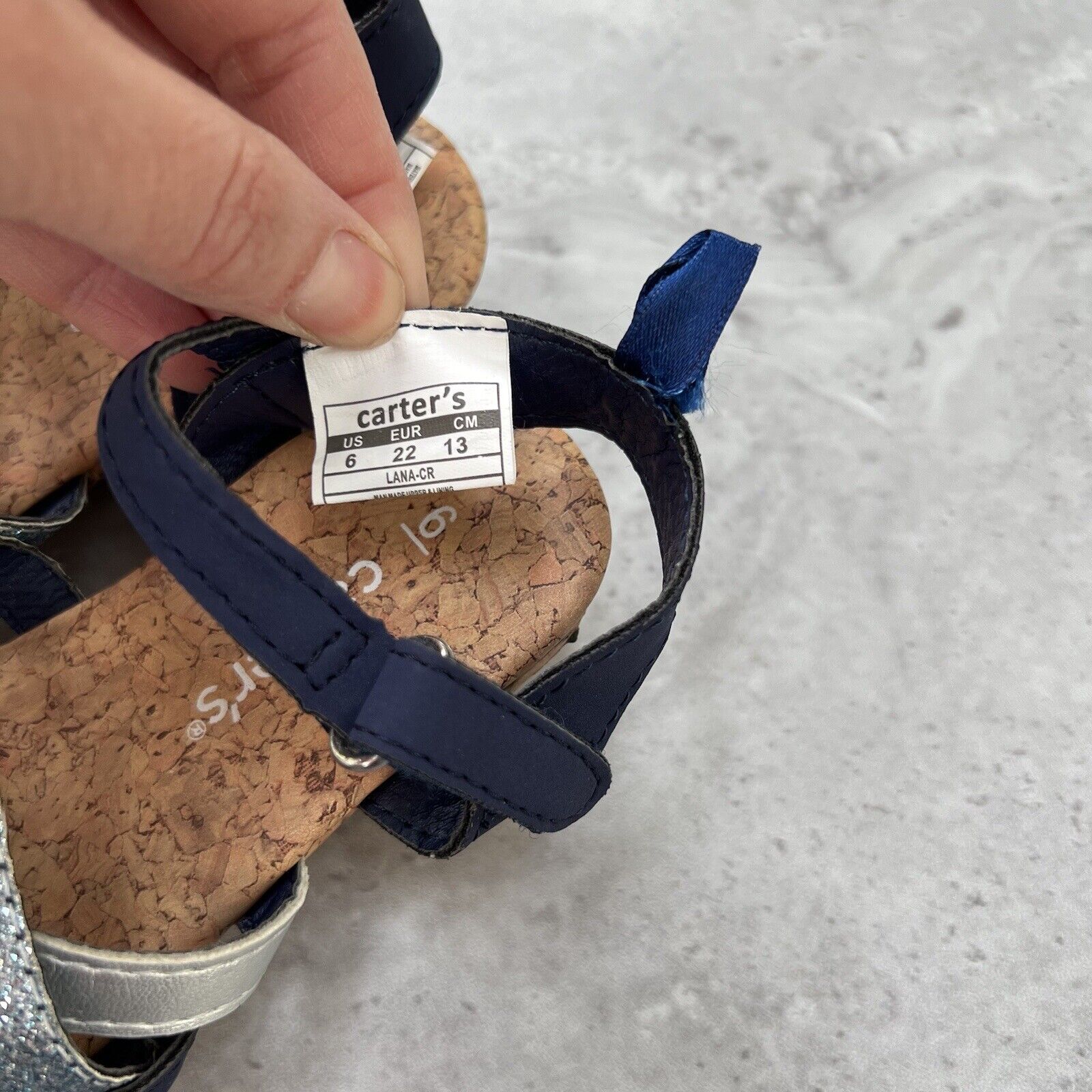 Carter's Toddler Girl's Size 6 Cork Wedge Navy Strappy Glitter Blue and White - Picture 3 of 4