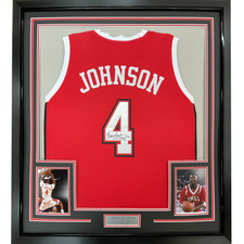 FRAMED Autographed/Signed LARRY JOHNSON 33x42 UNLV Red Jersey PSA/DNA COA Auto