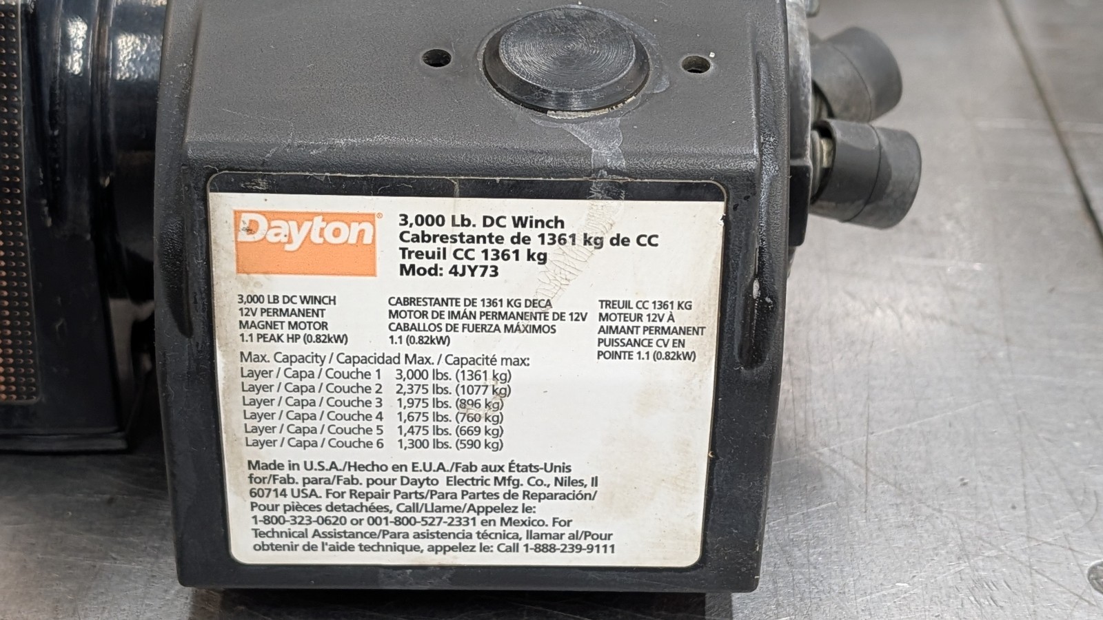 Dayton Model 4JY73  3000 Lb. 12V DC Electric Winch 1.1 Peak HP Good Working Used