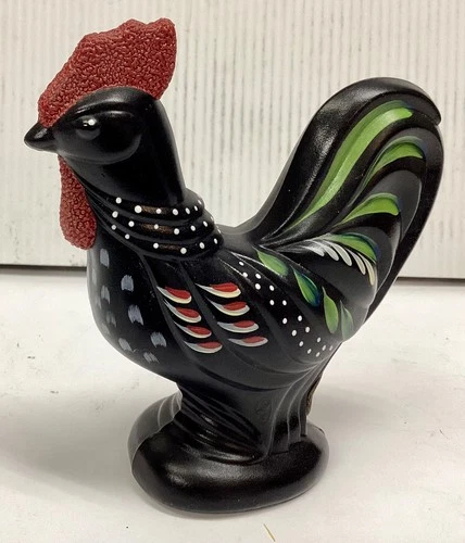Vintage Art Glass FENTON Hand Painted Black Rooster Figure