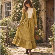 Vintage Mustard Paisley Prairie Maxi Dress Eyelet Lace Bib Ruffle S 70s Cottage